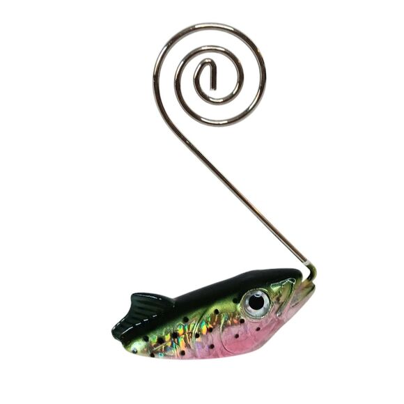 Fish Rainbow Trout Photo Holder Green Pink Silver Swirl  Metal Holder 2" x 1" - Picture 1 of 8